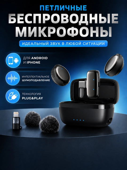 Микрофон петличный беспроводной с AI шумоподавлением для Iphone и Android - 