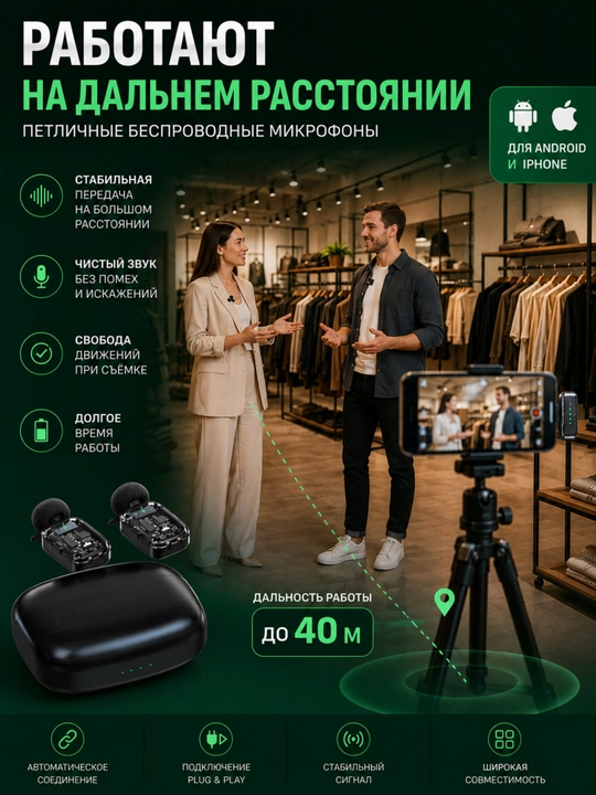Микрофон петличный беспроводной с AI шумоподавлением для Iphone и Android