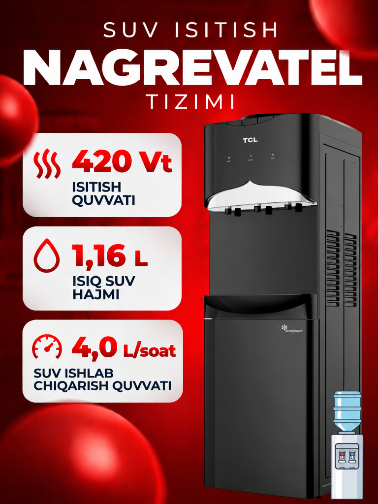 Напольный кулер для воды TCL, компрессорное охлаждение, быстрый нагрев, защита от детей - 