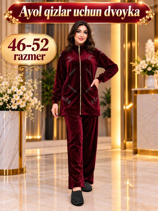 Ayollar uchun zamonaviy dvoyka kostyum 46–52 razmer, qulay ikki qismli kiyim to‘plami