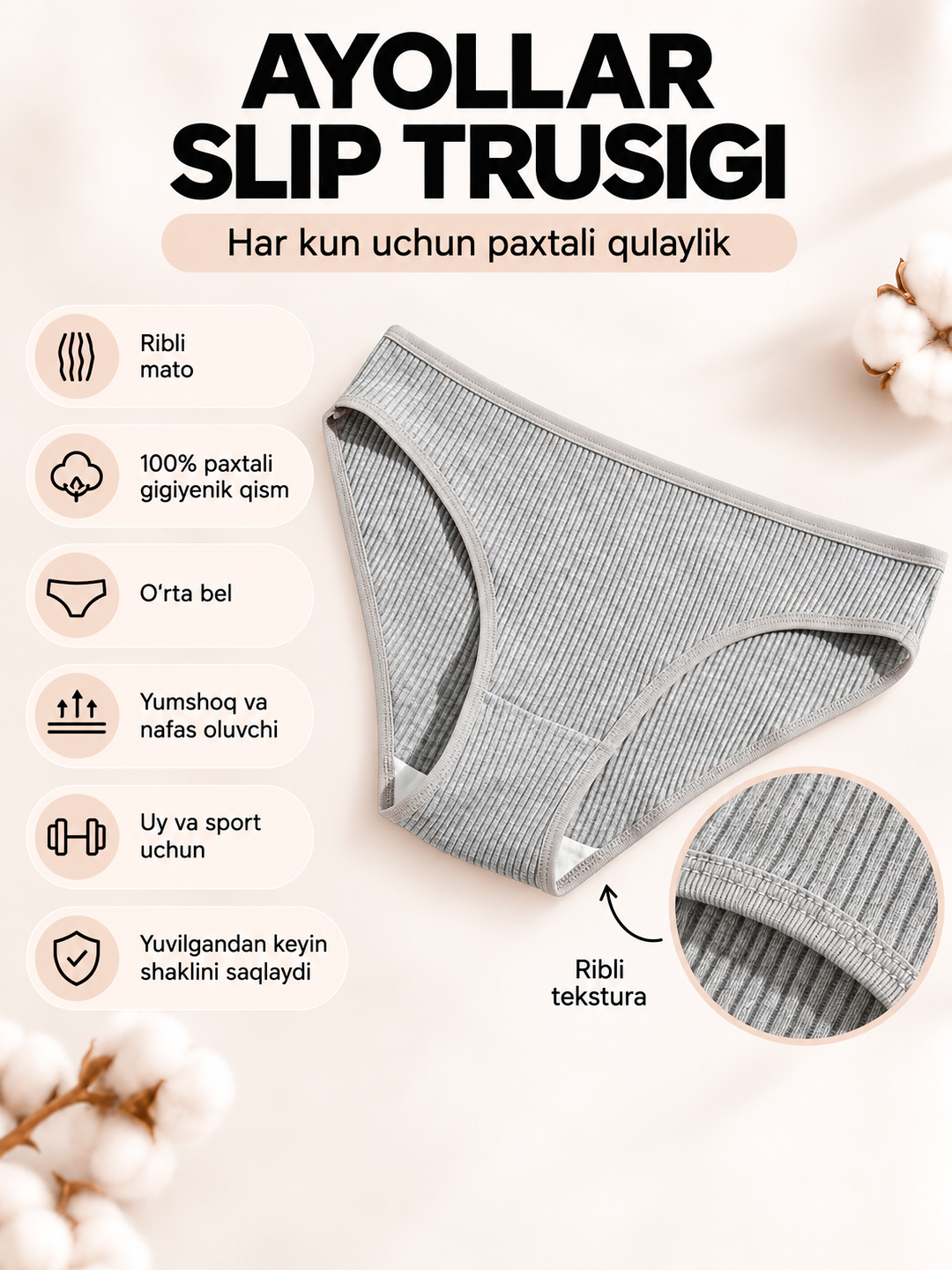 Ayollar uchun slipli trusiklar, paxtadan, chokli, yopiq belbog‘li, 100% paxta, XB, sliplar - 