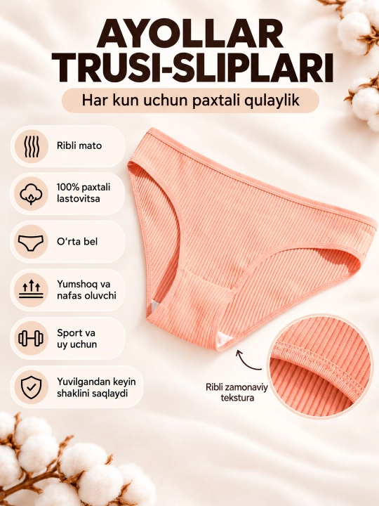 Ayollar uchun slipli trusiklar, paxtadan, chokli, yopiq belbog‘li, 100% paxta, XB, sliplar - 