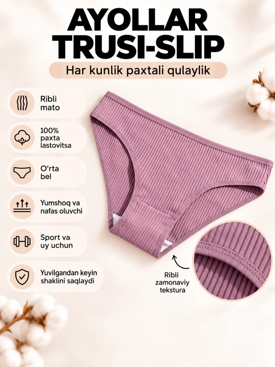 Ayollar uchun slipli trusiklar, paxtadan, chokli, yopiq belbog‘li, 100% paxta, XB, sliplar - 