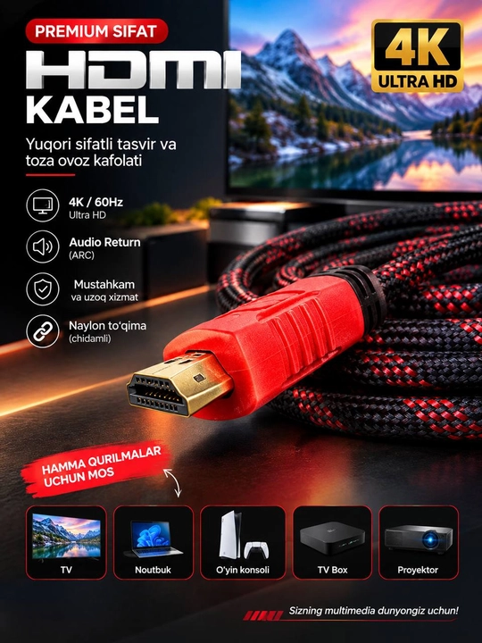 Yeyilishga chidamli qoplamali mustahkam HDMI kabeli - 