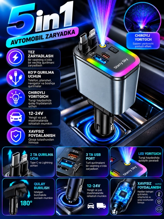 5 in 1 avtomobil adapteri, USB va Type-C quvvatlash, 12–24V