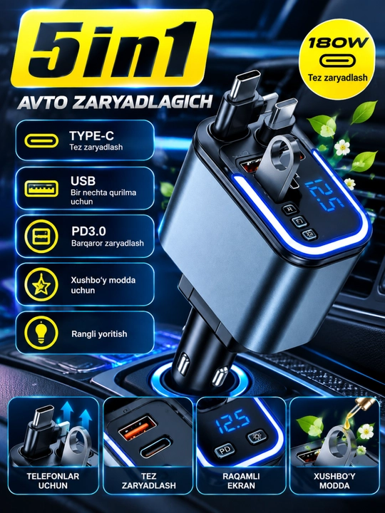 5 in 1 avtomobil adapteri, USB va Type-C quvvatlash, 12–24V - 