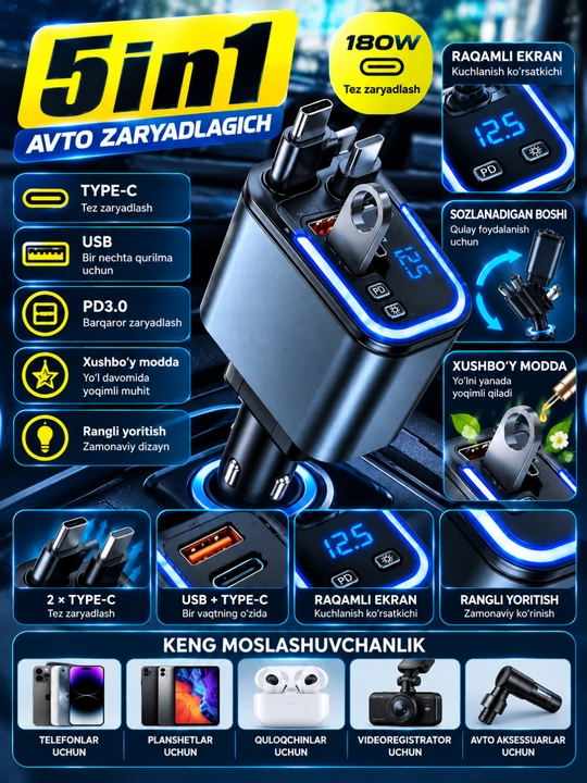 5 in 1 avtomobil adapteri, USB va Type-C quvvatlash, 12–24V