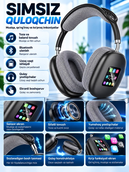 P-908BT simsiz quloqchin, Bluetooth, ekranli, 40 mm dinamik, yumshoq yostiqchali