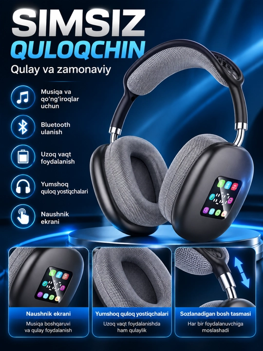 P-908BT simsiz quloqchin, Bluetooth, ekranli, 40 mm dinamik, yumshoq yostiqchali - 