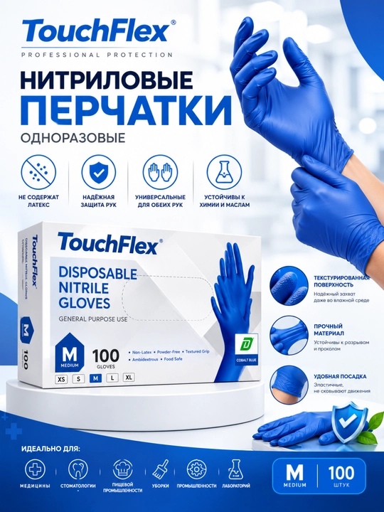 Одноразовые перчатки TouchFelix, нитриловые, неопудренные, 100 шт - 