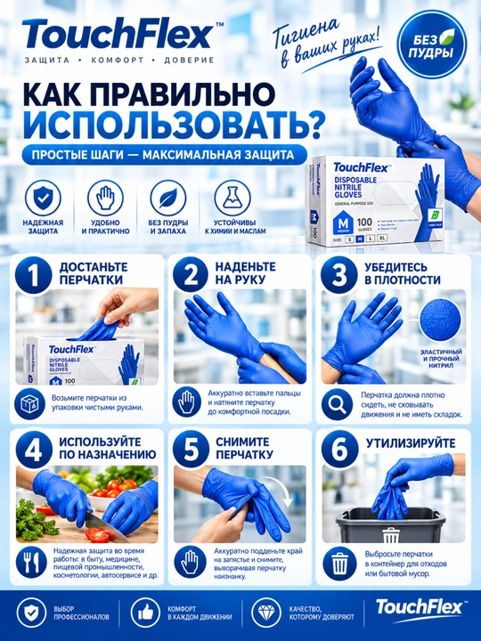 Одноразовые перчатки TouchFelix, нитриловые, неопудренные, 100 шт