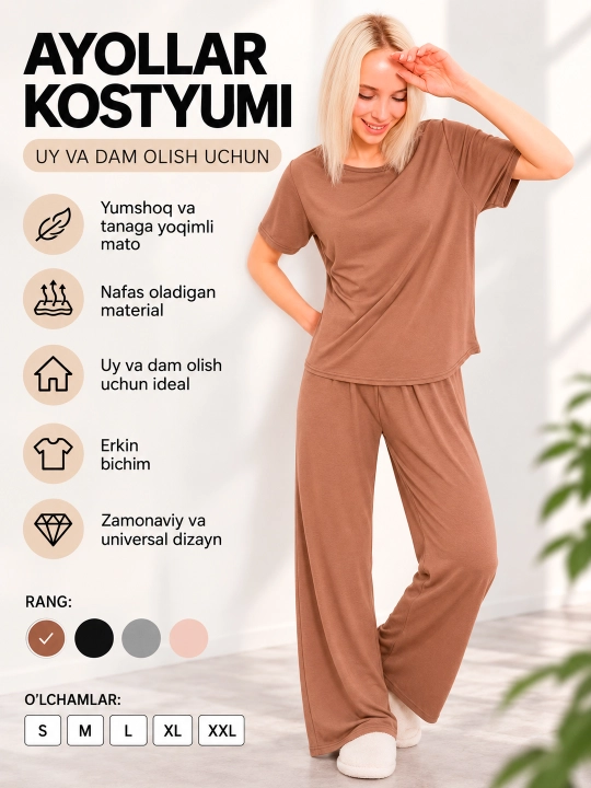 Uy va sport uchun ayollar kostyumi, 100% paxta, XB, futbolka va shim, yumshoq trikotaj - 