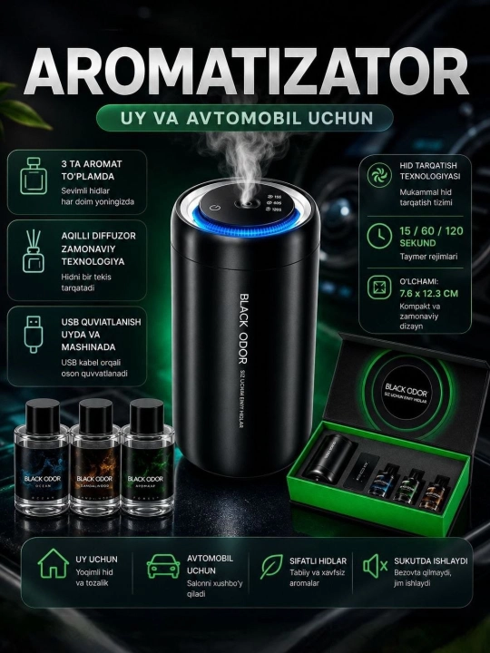 Mashina uchun aromatizator Black Odor, avto hushbo'ylantirgich, mashina uchun parfyum - 