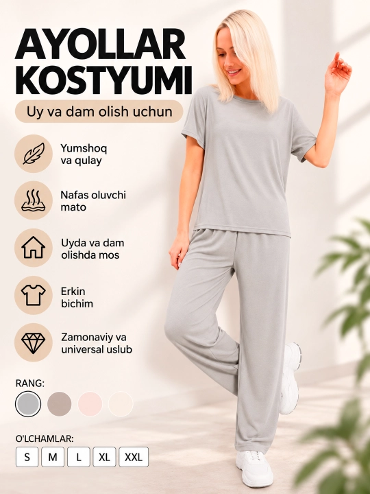 Uy va sport uchun ayollar kostyumi, 100% paxta, XB, futbolka va shim, yumshoq trikotaj - 