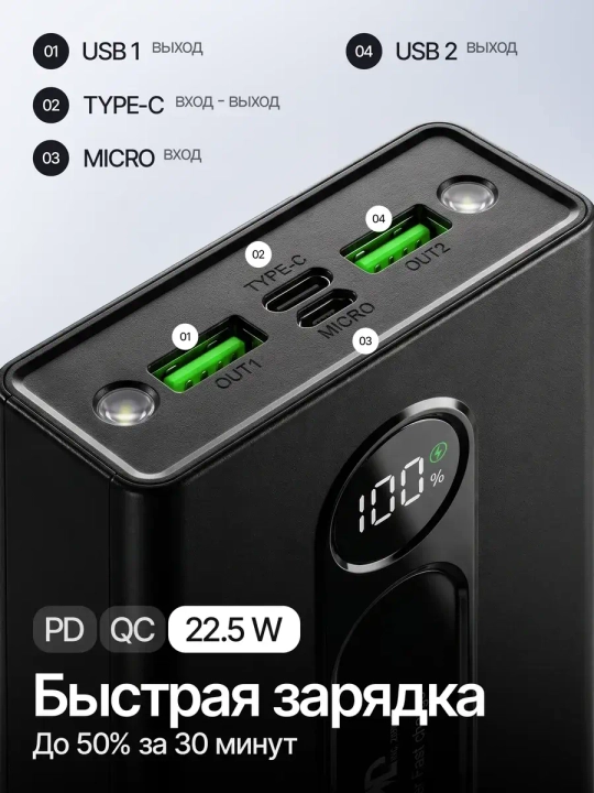 Power bank 10000/20000 mAh, 22.5W tez zaryadlash, PD/QC, LED displey va fonar