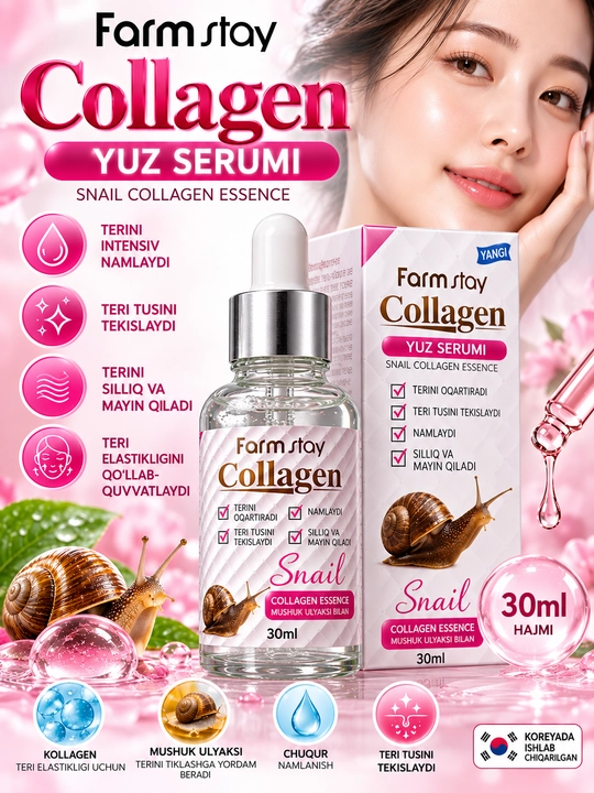 Farmstay kollagen serum, yuz serumi, snail collagen, namlantiruvchi serum, yuz parvarishii