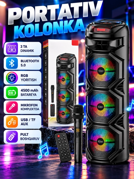 Karaoke kolonka, Bluetooth, simsiz mikrofonli, RGB chiroqli, 90×30 sm - 