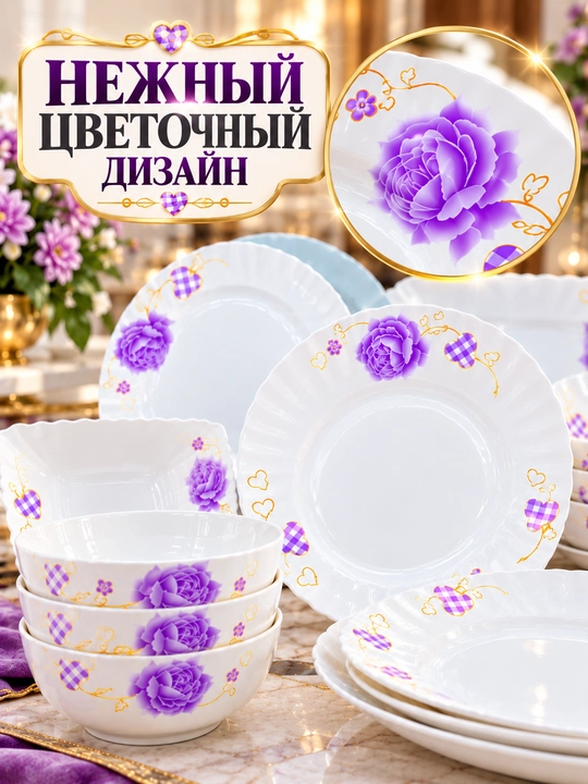 Набор посуды на 12 персон, 84 предмета из стеклокерамики + подарок