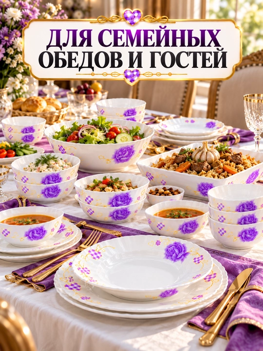 Набор посуды на 12 персон, 84 предмета из стеклокерамики + подарок