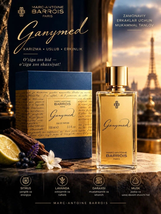 Ganymede Parfum uniseks atir 100 ml, uzoq saqlanuvchi yog'ochsimon mineral hid - 