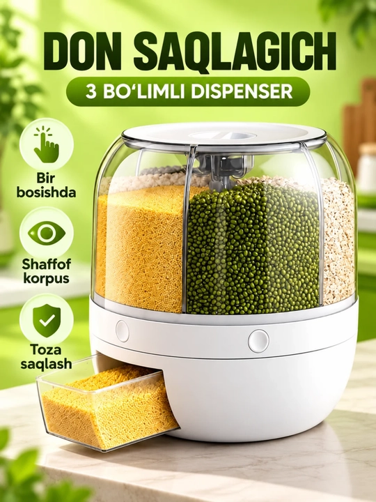 Don mahsulotlari uchun konteyner dispenser, 3 bo‘limli, tugmali, oshxona uchun - 