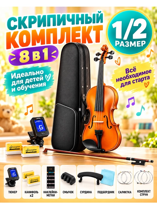1/2 bolalar akustik skripkasi, boshlovchilar uchun 8 tasi 1 da komplekt - 