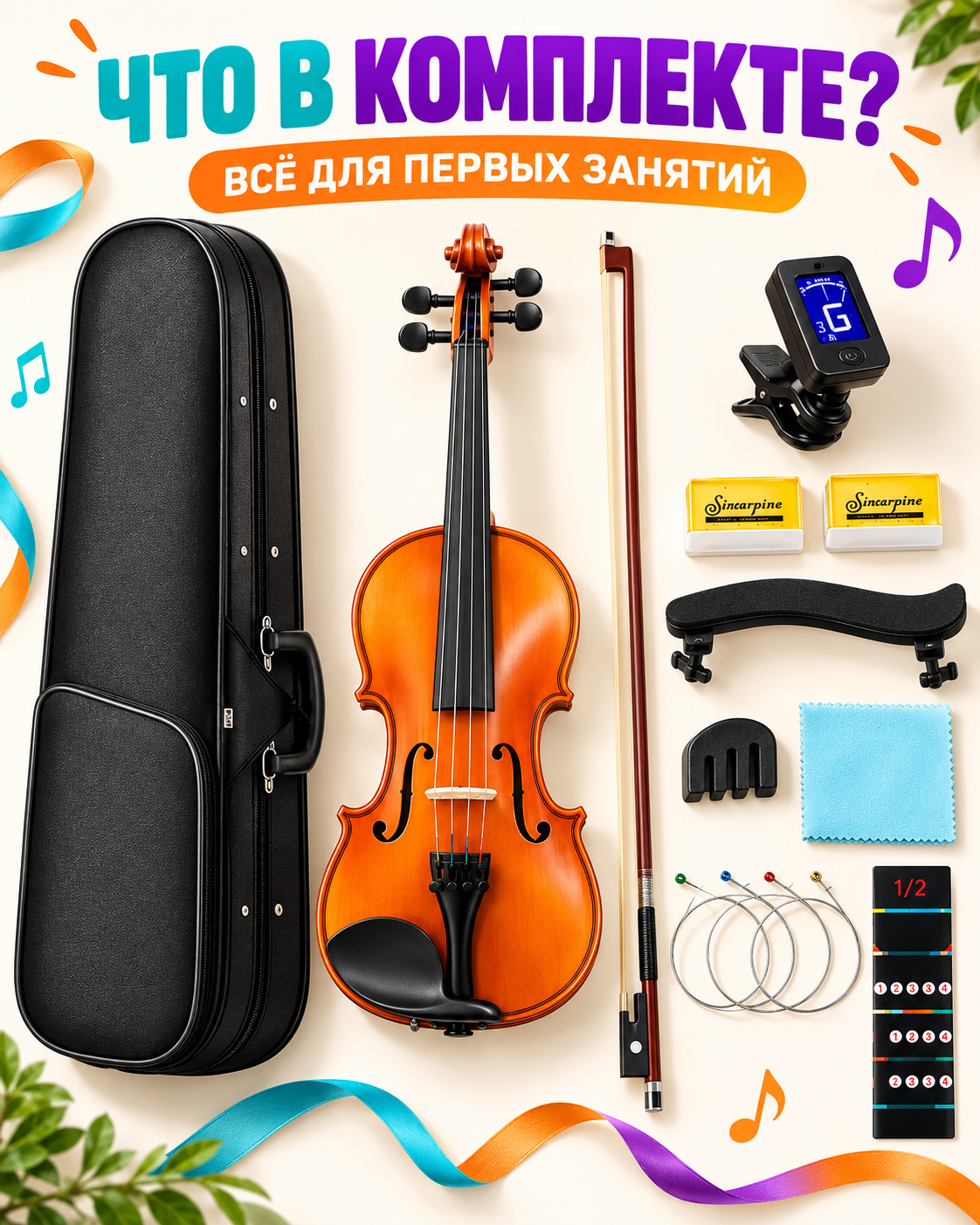 Акустическая скрипка 1/2 для начинающих, комплект 8 в 1