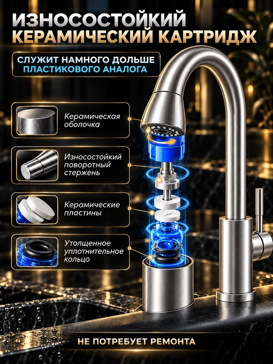 Смеситель для кухни и раковины с гибким изливом, 3 режима, поворотный FAUCETS