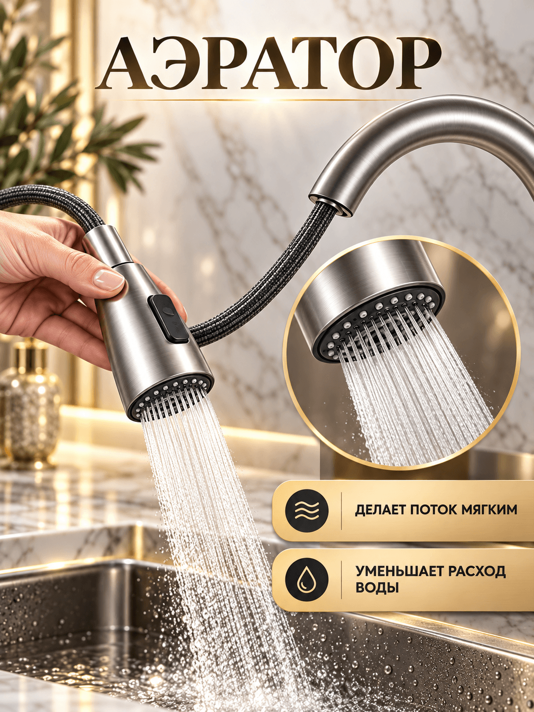 Смеситель для кухни и раковины с гибким изливом, 3 режима, поворотный FAUCETS