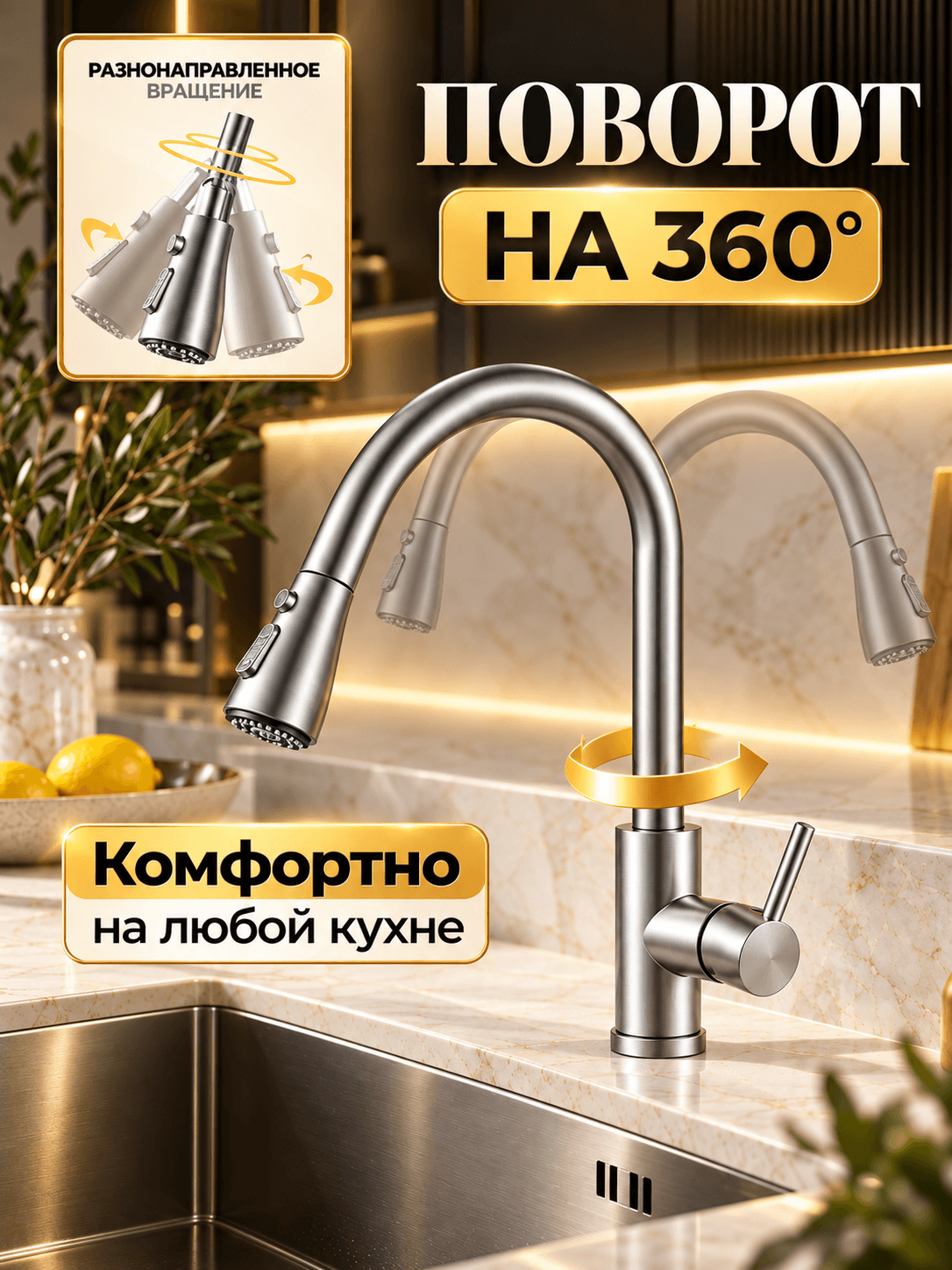 Смеситель для кухни и раковины с гибким изливом, 3 режима, поворотный FAUCETS