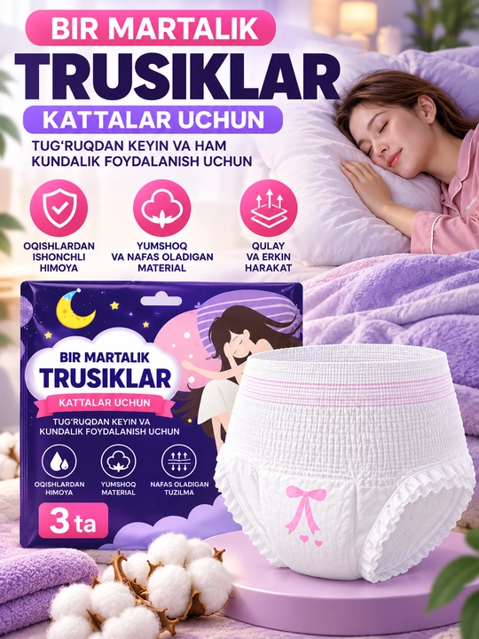Kattalar uchun bir martalik ichki kiyimlar, tug‘ruqdan keyin va hayz paytida, har bir qutida 3 dona - 