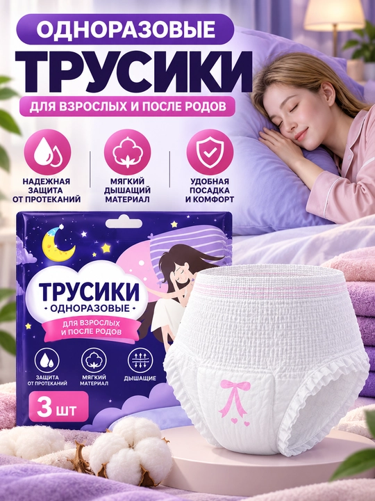 Одноразовые трусики для взрослых, после родов и во время менструации, 3 штуки в пачке