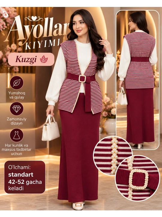 Ayollar kostyumi, kuzgi kostyum, trikotaj kostyum, yubka & jaket, ayollar kiyimi - 