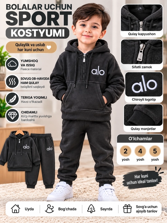Bolalar uchun issiq sport kostyum, flisli kofta va shim, kapyushonli dvoyka 2–5 yosh