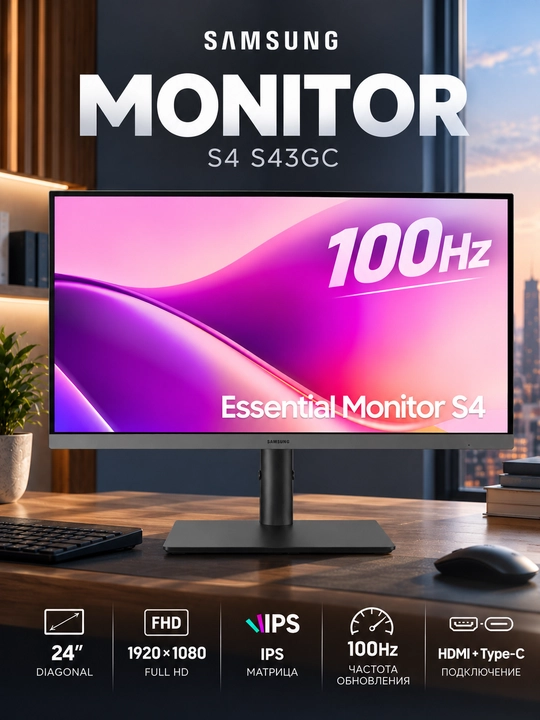 Монитор Samsung S4 S43GC 24″, IPS, FHD 1920×1080, 100Hz, 5мс, HDMI, Type-C, черный - 