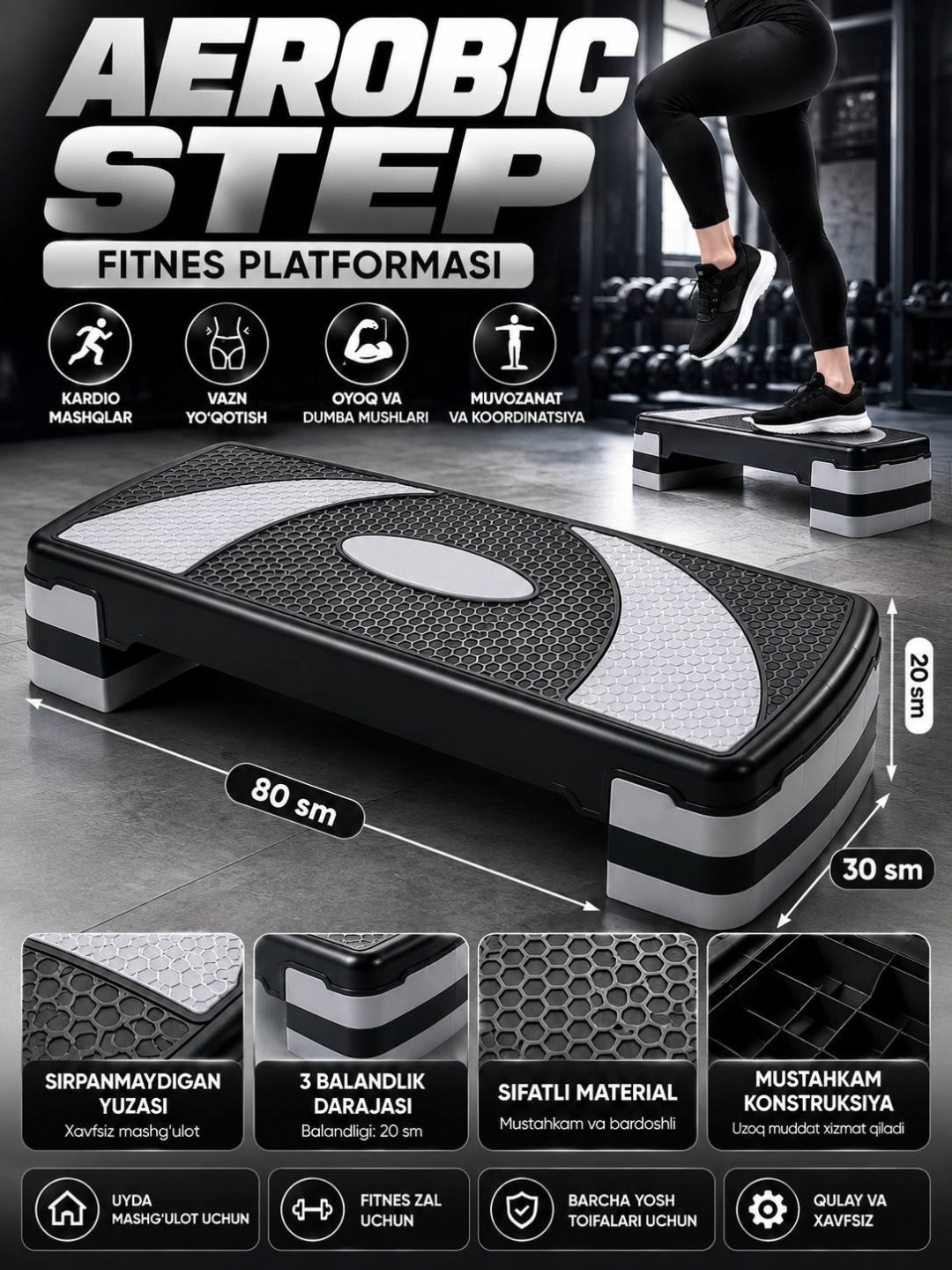 Fitnes step-platforma, 3 darajali, fitnes - 