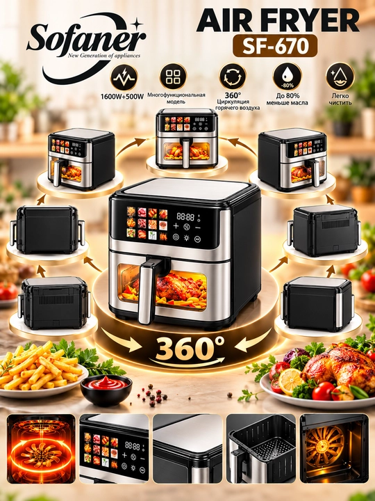 Elektr aerogril, 12 ta 1 ta, yog‘siz pishirish uchun friturnitsa, 6 l, 10 l