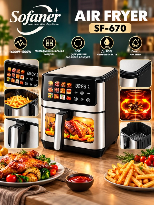 Elektr aerogril, 12 ta 1 ta, yog‘siz pishirish uchun friturnitsa, 6 l, 10 l
