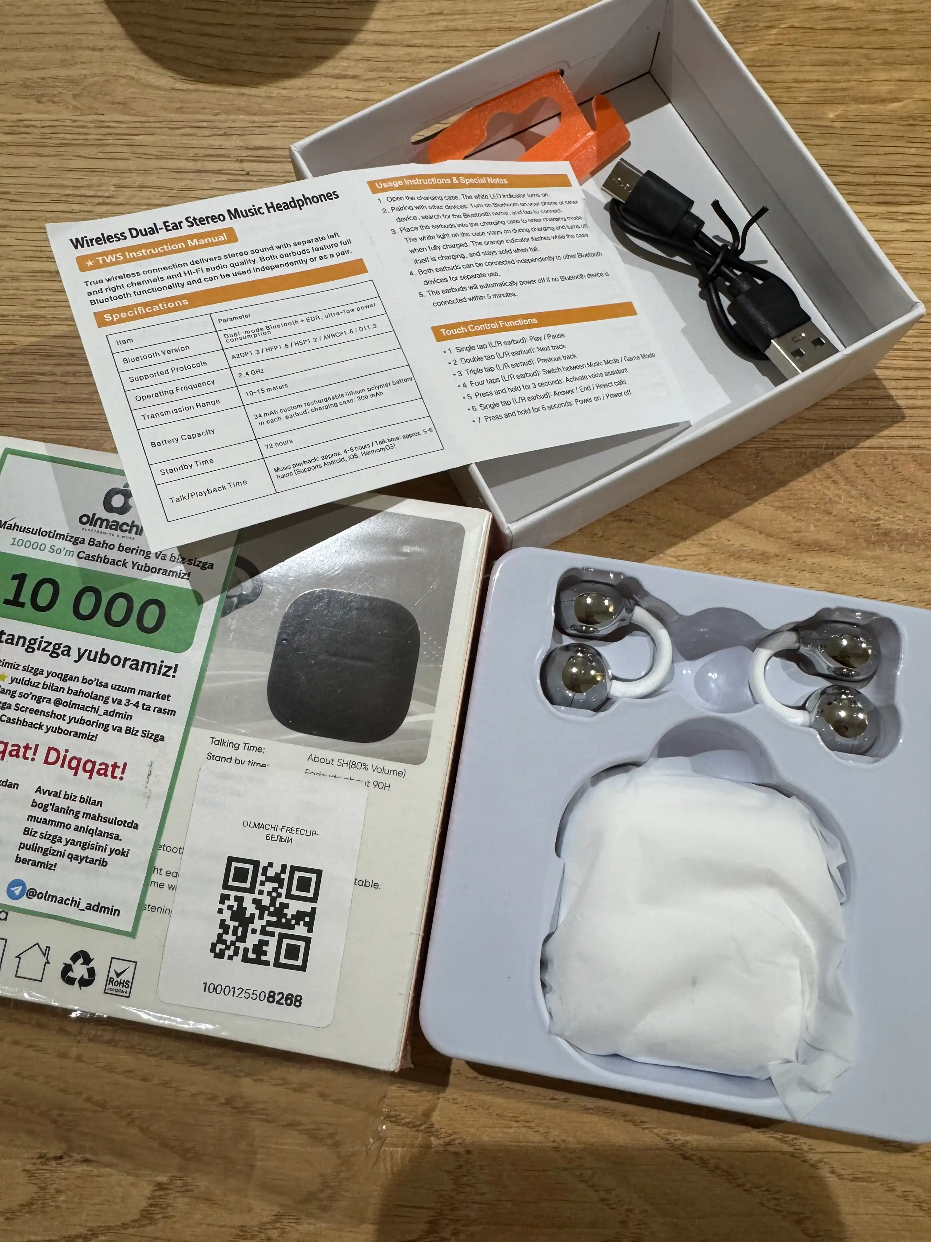 Simsiz quloqchinlar FreeClip 2, Android va iPhone uchun sensorli naushnik (+ bonus)