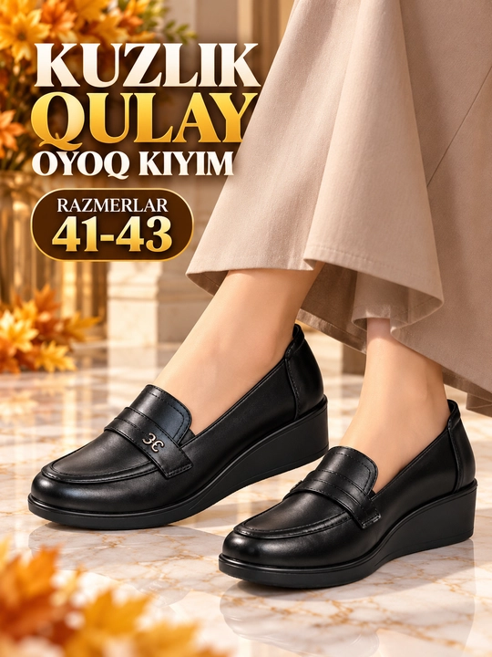Ayollar oyoq kiyimi, qora, katta razmer 41–43, qulay platformali - 
