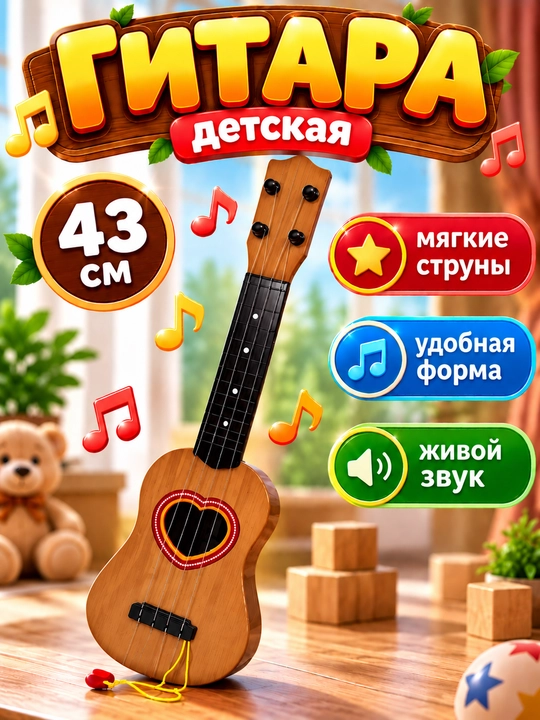 Детская гитара 43 см, игрушечный музыкальный инструмент для девочек и мальчиков - 