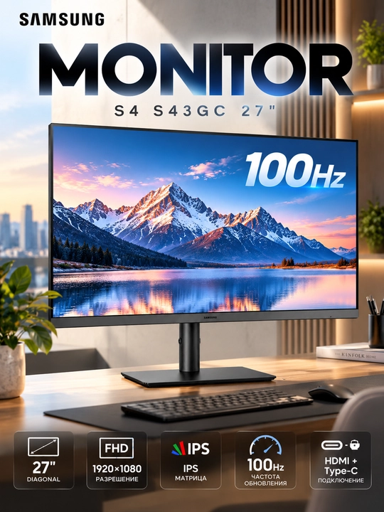 Монитор Samsung S4 S43GC 27″, IPS, FHD 1920×1080, 100 Гц, 5 мс, HDMI, Type-C, Black - 
