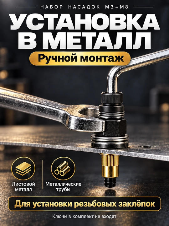 Набор для резьбовых заклёпок M3–M8, 5 насадок, 5 бит, 50 заклёпок
