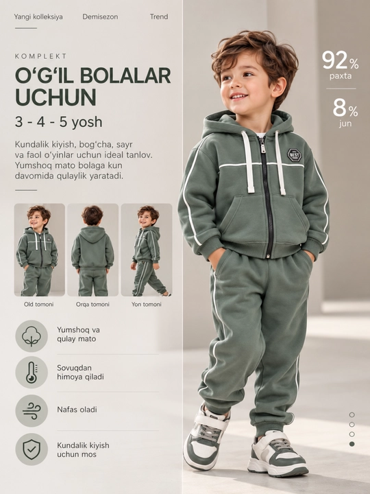3-5 yoshli o‘g‘il bolalar uchun sport kostyumchasi, yumshoq xudi va ishtonchalar