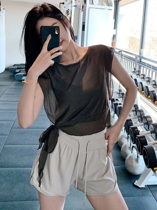 Ayollar uchun sport futbolka to'rli shaffof, fitnes, raqs va yoga uchun ustki nakidka