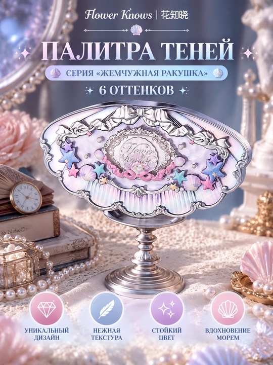 Flower Knows marvarid chig‘anoq 6 rangli ten paletkasi, yaltirroq ranglar va oynacha