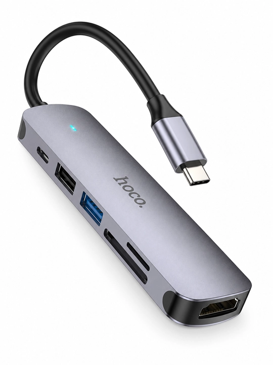 USB-C хаб HOCO HB28 6 в 1, HDMI 4K, USB 3.0, USB 2.0, SD/microSD и PD