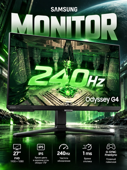 Монитор Samsung Odyssey G4 LS27BG400EPXUZ 27″ IPS, FHD, 240 Гц, 1 мс, HDMI, DP, Black - 