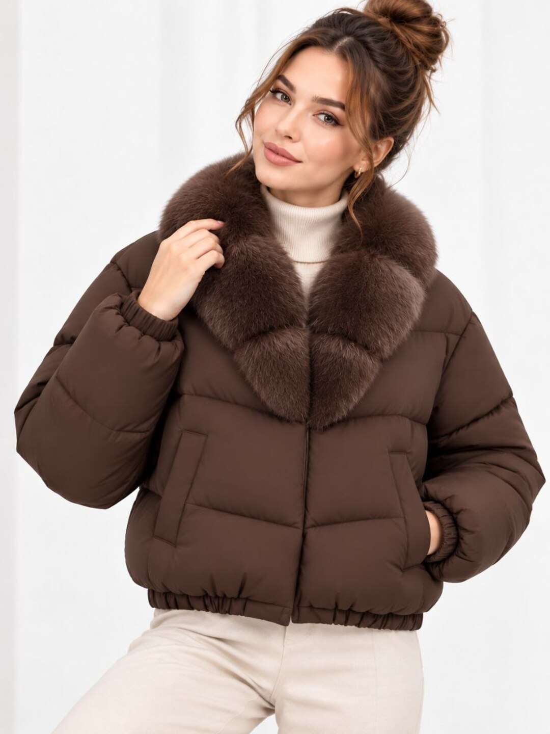 Женская короткая зимняя куртка с меховым воротником, теплая, M–3XL - 