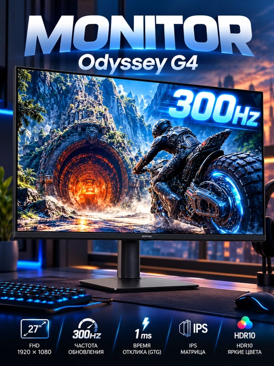 Монитор Samsung Odyssey G4 LS27HG400EIXCI 27″ IPS, FHD, 300Гц, 1мс, HDMI, DP, HDR10 - 
